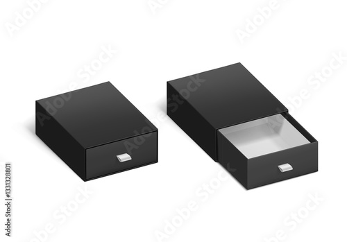 Black open and closed slider drawer box with rope pull mockup. Vector illustration isolated on white background. Can be use for gift box, luxury, cosmetics, and other goods. EPS10.	