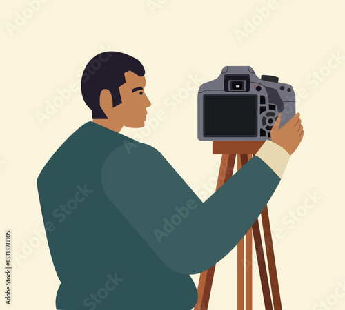Photographer with camera, man taking picture, shooting, Vector illustration