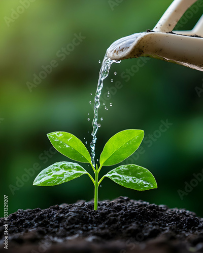 Water pouring from a container onto a young sprout growing in dark soil
