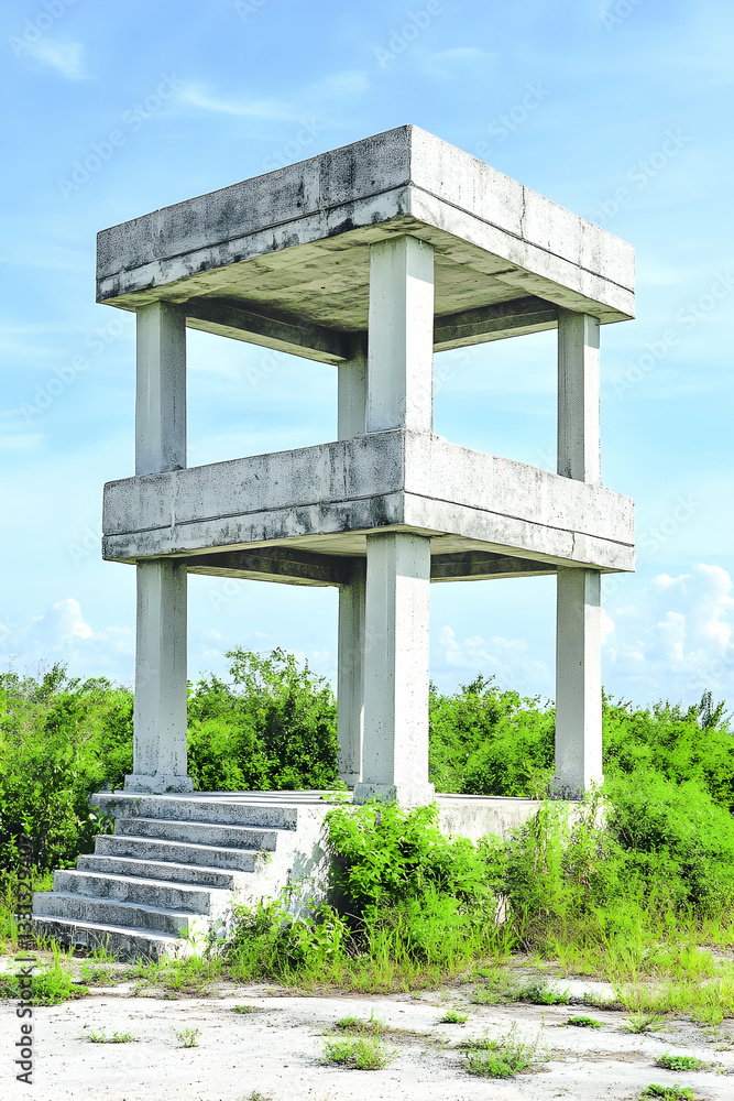 Weathered concrete two-story tower with stairs, situated amidst low vegetation under a bright sky Weathered concrete two-story tower with stairs, situated amidst low vegetation under a bright sky