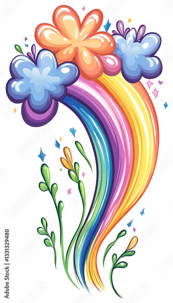 Whimsical rainbow arc with stylized flowers and stars Whimsical rainbow arc with stylized flowers and stars