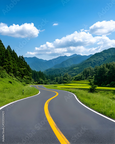 Winding asphalt road through lush green valley under blue sky