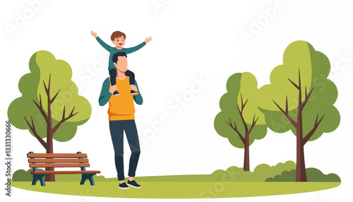 Dad joyfully carries child on shoulders in a park, family bonding