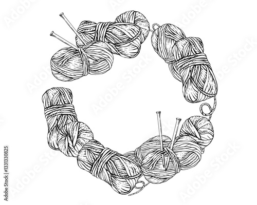 Ball of yarn with knitting needles wreath. Skein of knitting thread, Vector black line art hand drawing illustration. Hobby knitting circle frame for handmade product label isolated from background