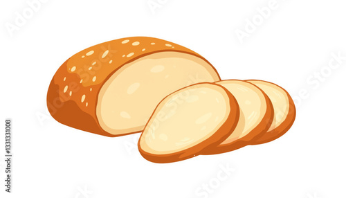 Rustic loaf of bread with slices cut off on white background, simplicity