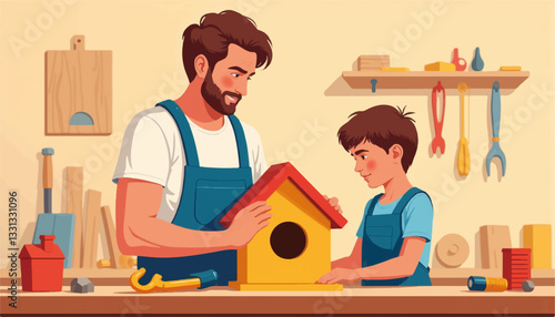 Father and son happily building a birdhouse in a workshop, bonding time