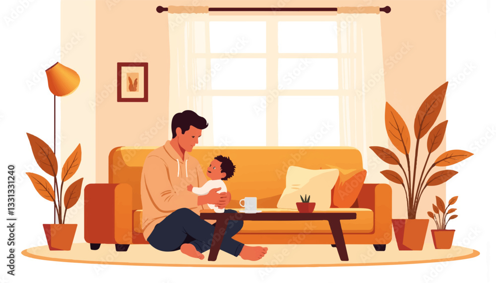 Fototapeta premium Caring dad embracing baby in cozy living room, family bonding