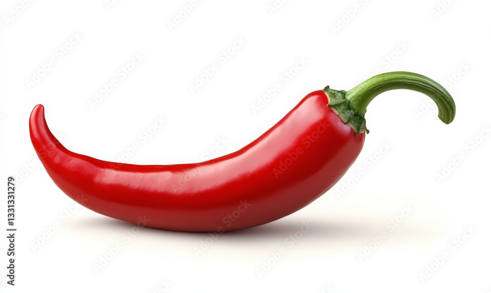 A single red chili pepper with a green stem on a white background. A single red chili pepper with a green stem on a white background.