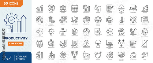 Productivity line editable icon set. Containing efficiency, task, focus, multitasking, routine, workflow, growth,  project management, productive, and more. Vector illustration