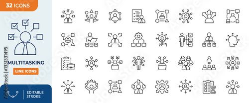 Multitasking line editable icon set. Editable stroke. Vector illustration