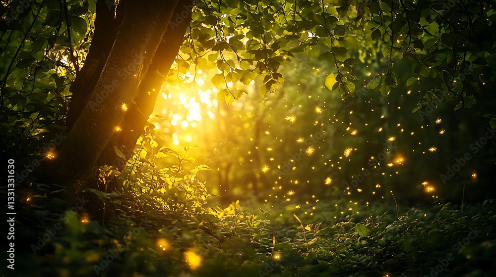 Obraz premium Sunset in the forest and park with the sun shining through the trees