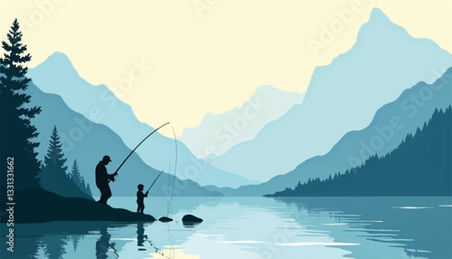 Father and child fishing in tranquil mountain lake, outdoor bonding