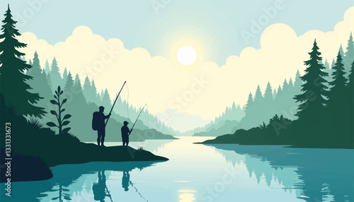 Father and child fishing by serene lake in forest, cherished moments