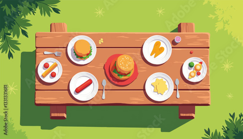 Colorful barbecue spread on picnic table, outdoor celebration