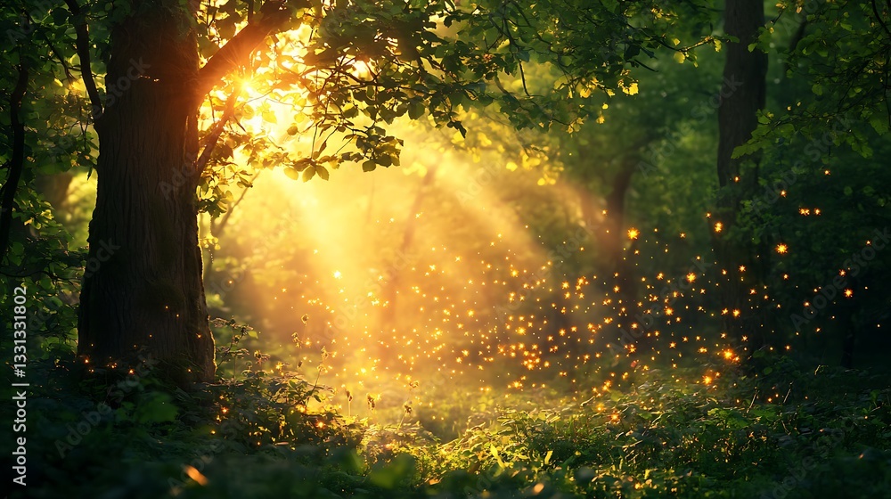 Obraz premium Sunset over a forest with a fire, trees, mist, and sunlight shining through the fog on a scenic path
