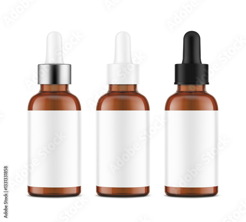 Dropper bottle mockup isolated on white background. Vector illustration. Front view. Сan be used for cosmetic, medical and other needs. EPS10.	