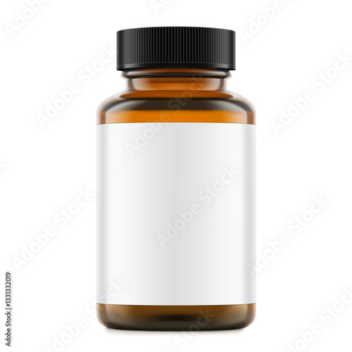 Brown glass wide mount bottle with screw cap and label mockup for treats, vitamins, supplements. Vector illustration isolated on white background. Ready for your design. EPS10.