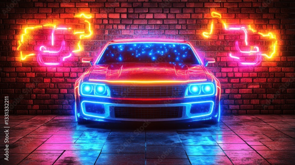 Neon car in a brick garage