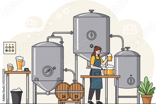 Brewing process illustration featuring equipment and a brewer in flat vector art