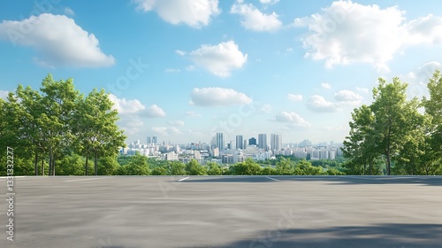 large empty car park, facing an elegant city skyline featuring buildings