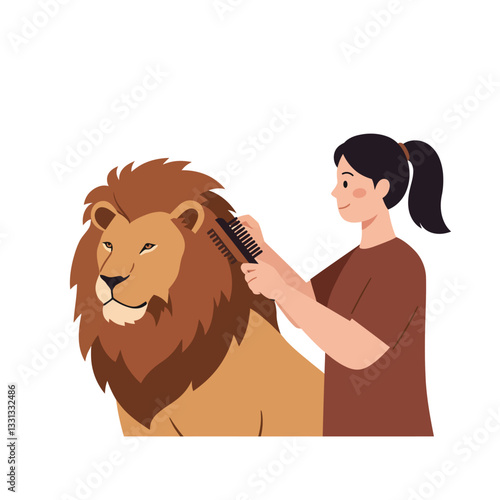 Lion being groomed by woman in flat vector illustration style