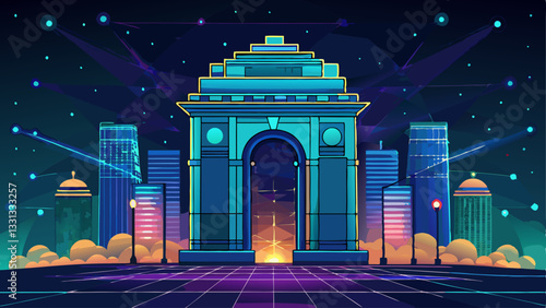 India Gate Outlined In Digital Network At Night, Concept Of Urban Connectivity, New Delhi