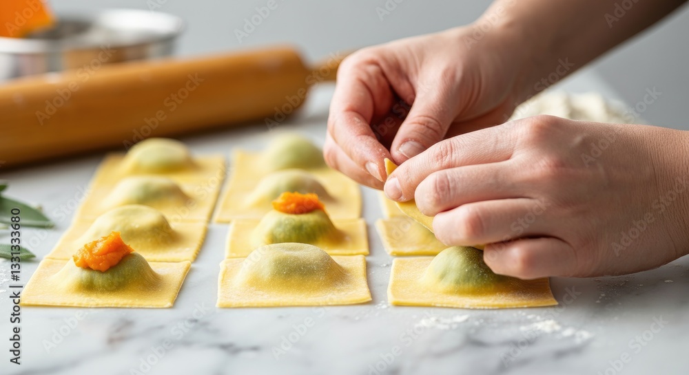 Close-up of hands making ravioli with pasta dough on marble surface Close-up of hands making ravioli with pasta dough on marble surface