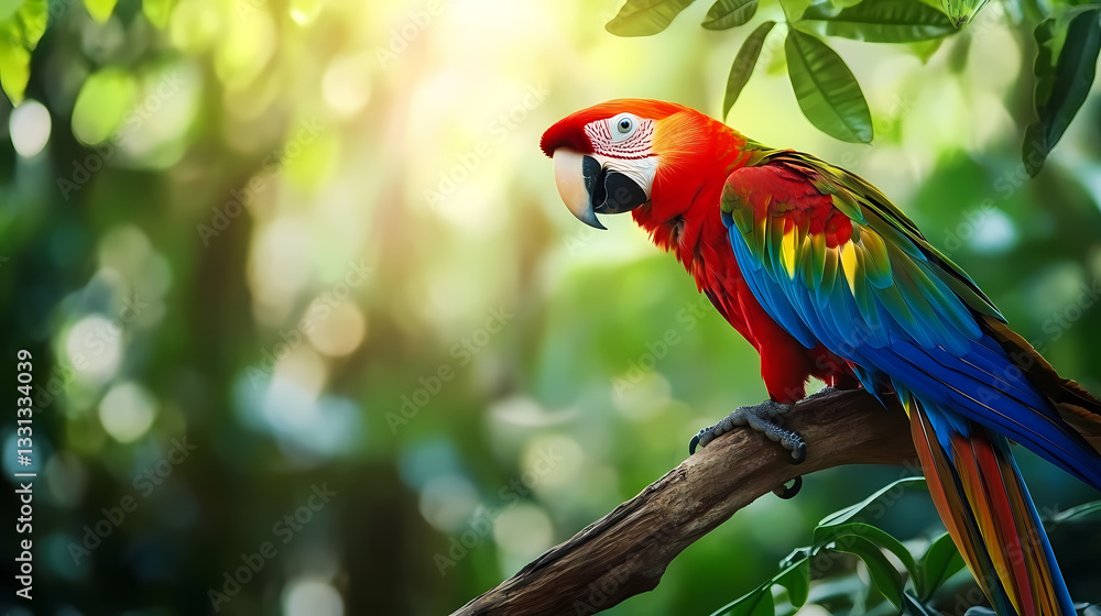 Obraz premium Colorful Parrot on Branch in Sunny Greenery