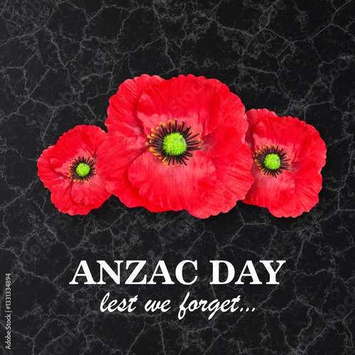 Poppy flower on a black marble background. Poppy flower for Anzac Day photo