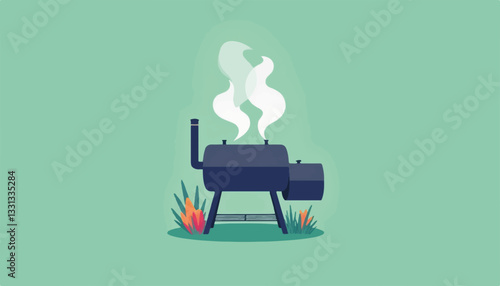 Stylish BBQ smoker with geometric smoke clouds on green backdrop, culinary joy