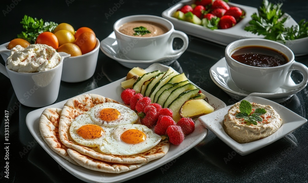 Delicious and Colorful Breakfast Spread Featuring Eggs, Fresh Fruits, Yogurt, and Vegetables on Black Background for Culinary Inspiration Delicious and Colorful Breakfast Spread Featuring Eggs, Fresh Fruits, Yogurt, and Vegetables on Black Background for Culinary Inspiration