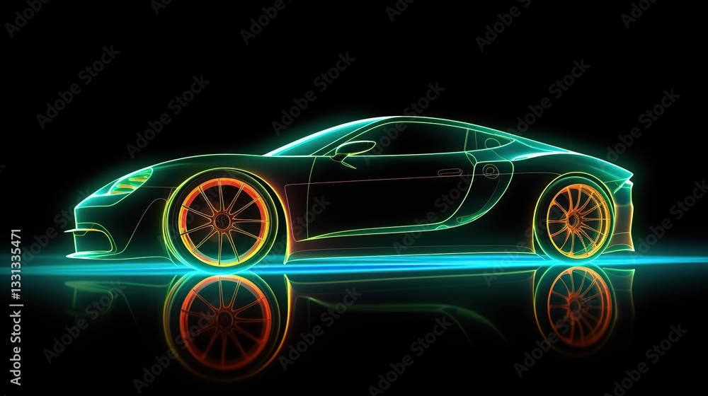 Naklejka premium Side View Neon Glowing Sports Car Silhouette