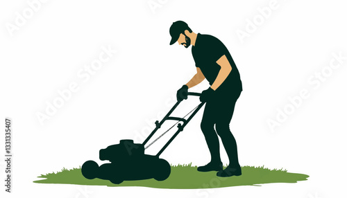 Dad fixing lawnmower in geometric style, home maintenance concept