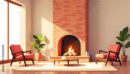 Cozy living room with geometric fireplace and armchairs, warm ambiance