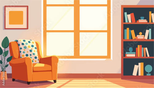 Cozy reading nook with colorful armchair and bookshelves, warm ambience