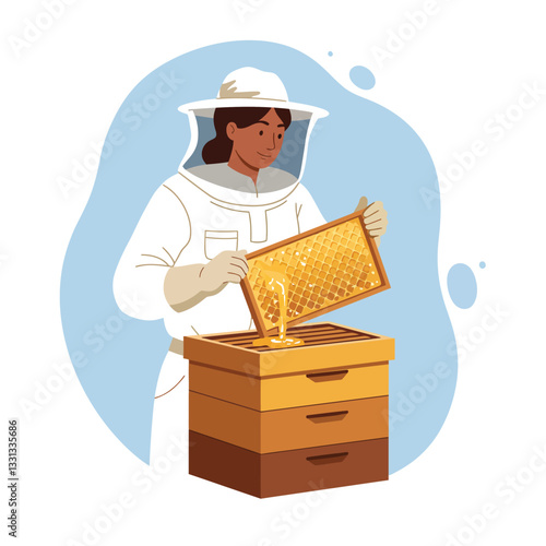 Beekeeper inspecting honeycomb frames in flat minimal vector art