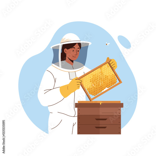Bee Keeper Inspecting Honeycomb Frame in Flat Minimal Vector Art