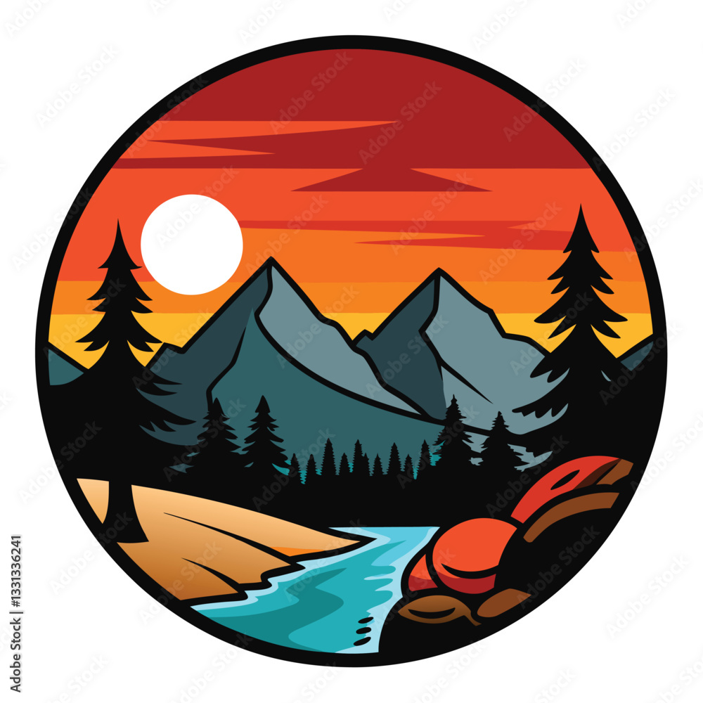 Hiking traveler rounded badge logo emblem design template man silhouette standing on the mountain vector Hiking traveler rounded badge logo emblem design template man silhouette standing on the mountain vector