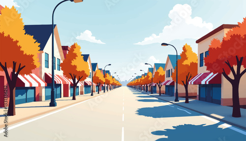 Scenic autumn street lined with colorful trees and shops, vibrant charm