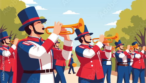 Celebratory marching band performing at Fourth of July parade, festive spirit