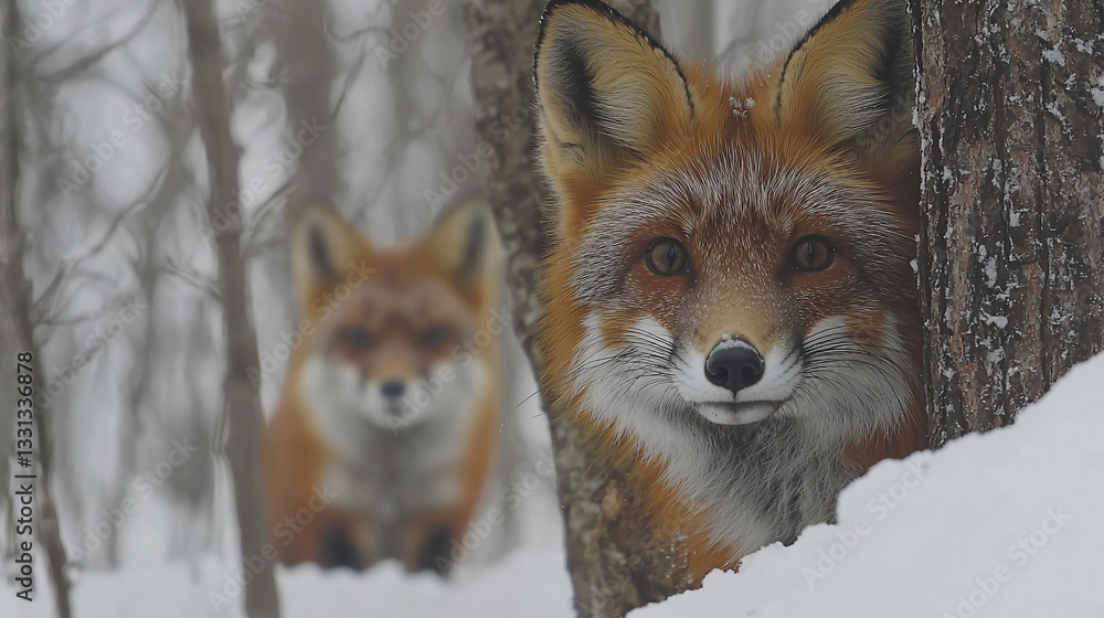 Obraz premium Two red foxes in snowy forest, one peeking from behind a tree.