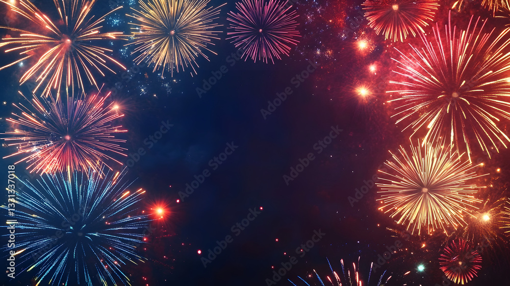 36. Abstract firework background with free space for text. Vibrant display of colorful fireworks bursting in various patterns against a dark sky. The composition allows ample space for text, creating 36. Abstract firework background with free space for text. Vibrant display of colorful fireworks bursting in various patterns against a dark sky. The composition allows ample space for text, creating