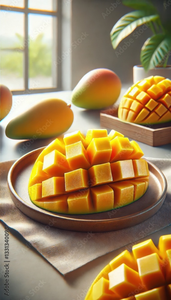 Sliced mango arranged in a hedgehog pattern on a ceramic plate with whole mangoes in the background on a bright kitchen counter.
Sliced mango arranged in a hedgehog pattern on a ceramic plate with whole mangoes in the background on a bright kitchen counter.
