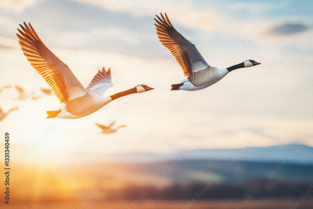 Fototapeta premium Majestic Geese in Flight Against Stunning Sunset Background