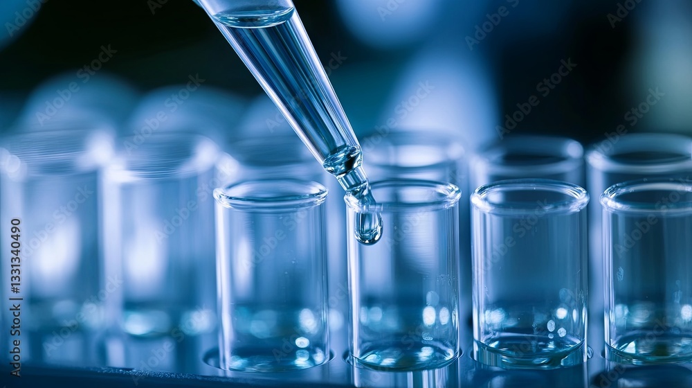 A close-up view of a droplet falling from a pipette into a test tube in a laboratory setting A close-up view of a droplet falling from a pipette into a test tube in a laboratory setting
