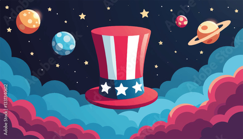 Patriotic Uncle Sam hat floating in space among planets and stars