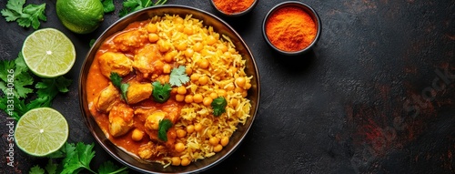 Delicious Chicken Curry with Rice and Chickpeas Garnished with Fresh Cilantro and Lime Slices on Dark Background