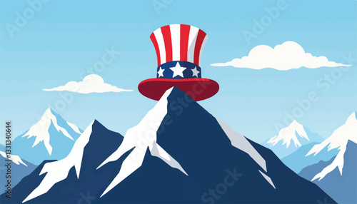 Uncle Sam hat on mountain peak, symbolizing national pride