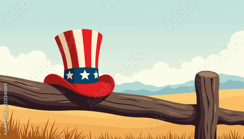 Uncle Sam hat resting on wooden fence in countryside landscape, Americana