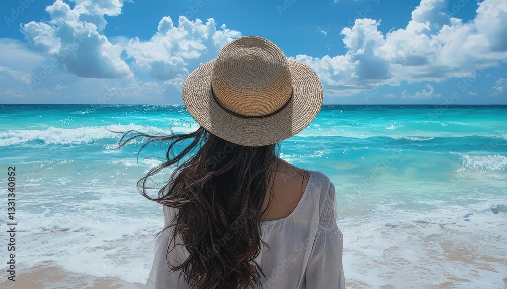 Young woman enjoys ocean breeze tropical beach photography scenic view serene environment lifestyle inspiration Young woman enjoys ocean breeze tropical beach photography scenic view serene environment lifestyle inspiration